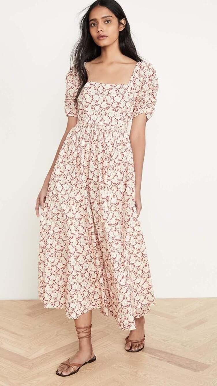 Free People Women 10 Shes A Dream Midi Dress Red Floral Puff Sleeve Feminine